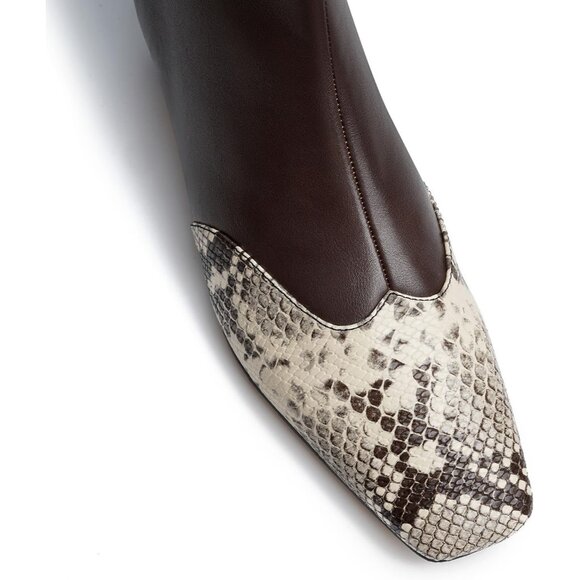 Women's Brown Ankle Boots Square Toe High Block Chunky Heel Snakeskin Booties - Picture 6 of 7